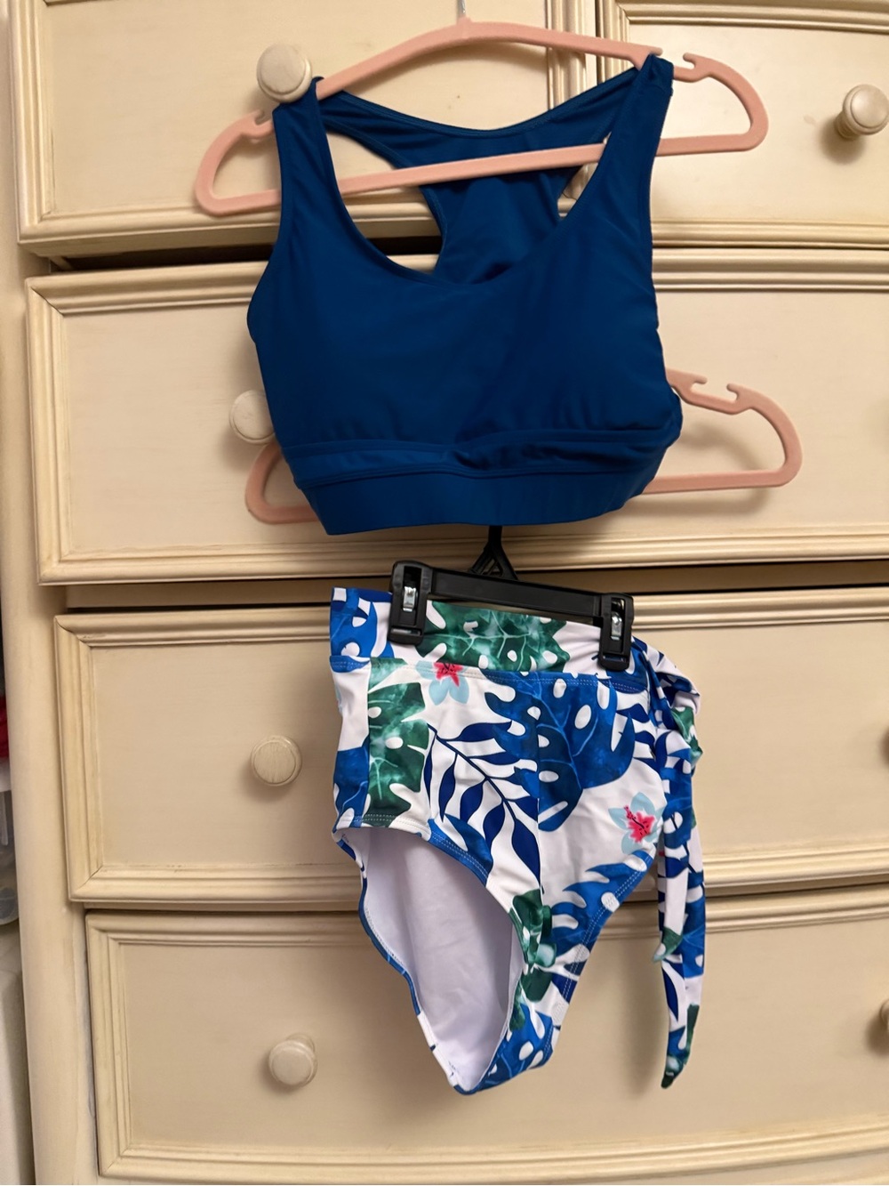Solid Blue Sport Tank Bikini Top with Tropical-Print High Waist Bottom